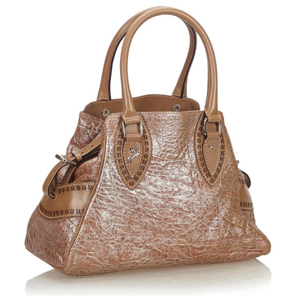Authentic FENDI Etniko Shoulder Hand Bag Leather Brown